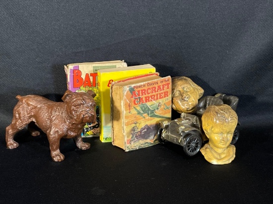 (3) Vintage Books, Dog Figurine, (2) Ceramic Busts, & Souvenir Car