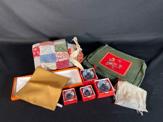 Hermes Silk Scarf, Patchquilt Bag w/ Liner, Cloisonne Bowls & Additional Bag w/ Floral Design