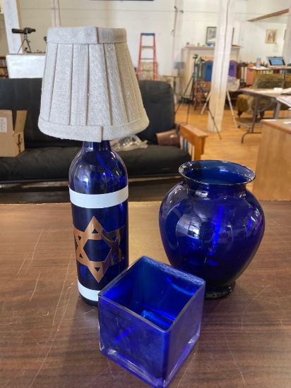Custom Cobalt Blue Table Lamp w/ Star Of David, & (2) Planter Vases