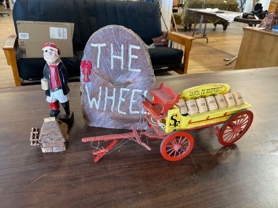 Folk Art Decor "The Wheel" Maine, Wheel House & Pirate, Carved Figurine & "Santa Fe Brewery Wagon"
