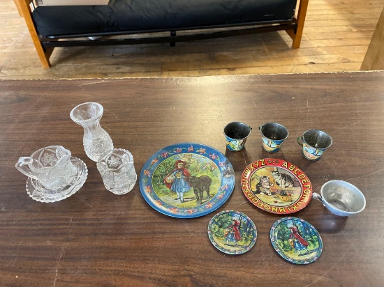 Antique "Red Riding Hood" Children's Litho Cup Set, & Miniature Glassware