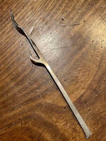 Sterling Silver two tine fork with hook on the handle, hallmarked London 1956, unusual