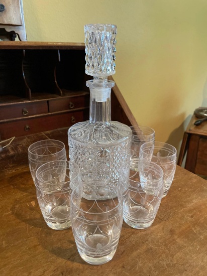 Crystal Decanter w/ (6) Stuart England Crystal Glasses