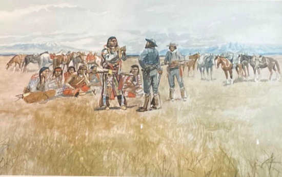 Charles Russel, "Indians & Scouts Talking," Framed Print