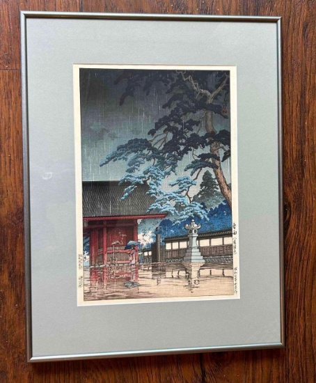 Hasui Kawase, (Japan 1883-1957) "Spring Rain At Gokokuji Temple," Framed Block Print