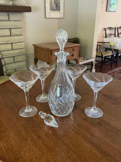Crystal Decanter w/ (4) Martini Glasses