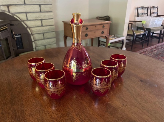 Ruby & Gold Colored Decanter w/ (6) Cups