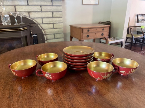 (6)Japanese Lacquerware Teacup & Saucer Set