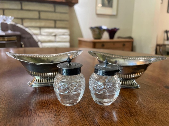 Sterling Silver Birmingham (2) 1906 Condiment Holders & (2) 1894 Nut/Bon Bon Dishes