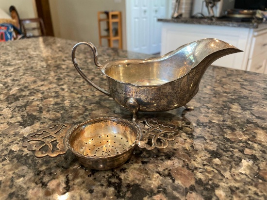 Birmingham Sterling Silver Gravy Boat & Tea-strainer