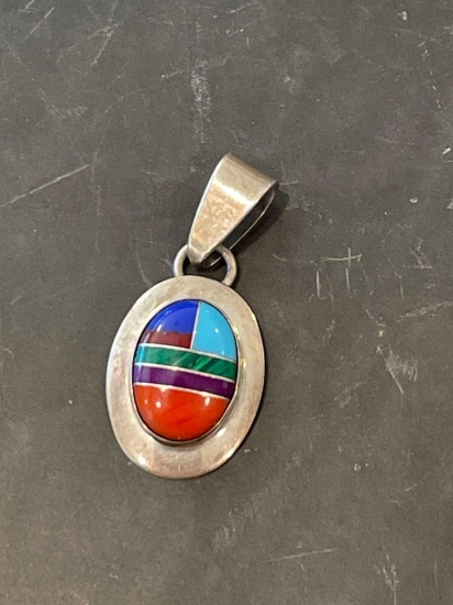 Navajo pendant inlay stone in sterling, signed Ella Peter master silversmith