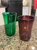 (2) hand blown art glass tumblers, one green, one purple, signed Russell