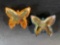 (2) Jeanette Carnival Glass Butterfly Dishes, Includes (1)Blue w/ Marigold Overlay & (1)Marigold