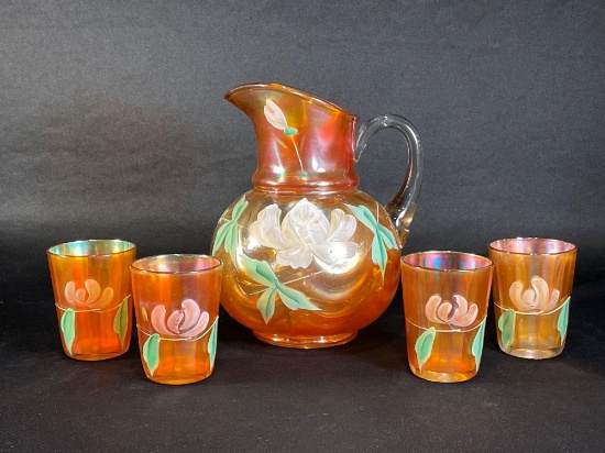 Carnival Glass Marigold "Cannon Ball" Hand Painted Water Set