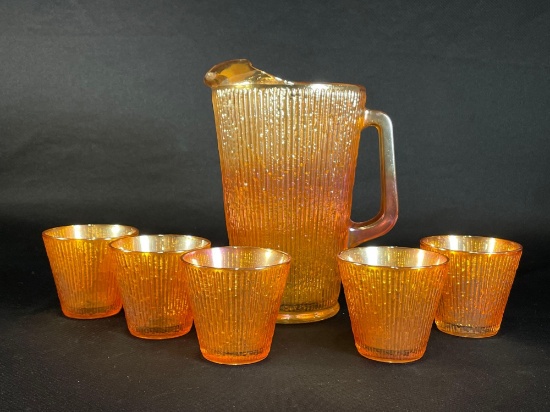 Carnival Glass Marigold"Fine Ribbed" Pitcher w/ (6) Glass