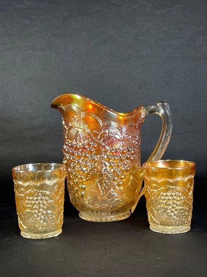 Carnival Glass "Imperial Grape" Pitcher w/ (2) Cups