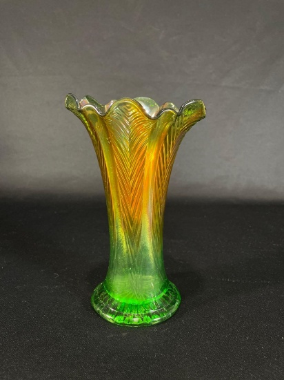 Northwood "Feather," Green Vase 8-1/4"h