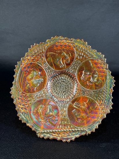 Fenton "Horse Medallion" Front, Obverse Berry & Leaf, Marigold Carnival Glass Plate w/ Collar Base