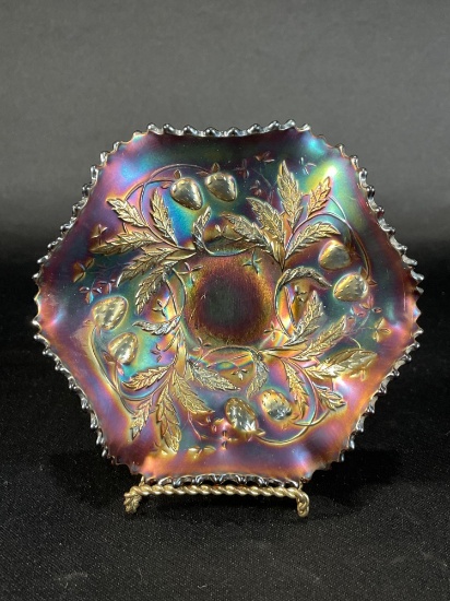 Northwood "Strawberry," Amethyst/Purple Bowl w/ Ruffled Edge & BW Back 7-1/2"dia