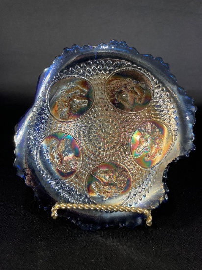Fenton "Horse Medallion," Blue, Ball Foot & Collar Base, Double Handle, Nut Bowl 7-3/4"