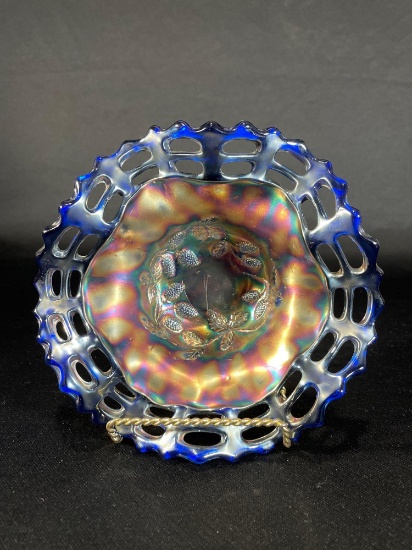 Fenton "Blackberry," Blue, Double Open & Ruffled Edge Bowl w/ Basket Woven Exterior Apox. 7-1/2"dia