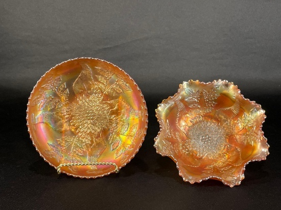 (2) Fenton "Stag & Holly," Spatula Footed Saw Tooth Bowls 8"Dia