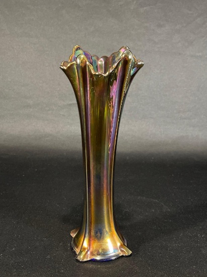 Northwood "Thin Rib," Blue Vase 10-1/2"h