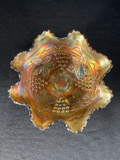 Fenton "Grape & Cable," Powder Blue w/ Marigold Overlay, Ball Foot Ruffled Edge Bowl, 8"