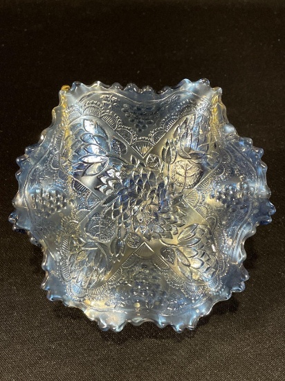 Fenton "Lotus & Grape," Blue Ball Foot Ruffled Edge 7" Bowl(Does Not Have A Carnival Finish)