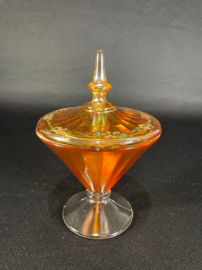 Lancaster "Unknown," Marigold Covered Candy Dish w/ Floral Enamel Painted Lid 7-3/4"