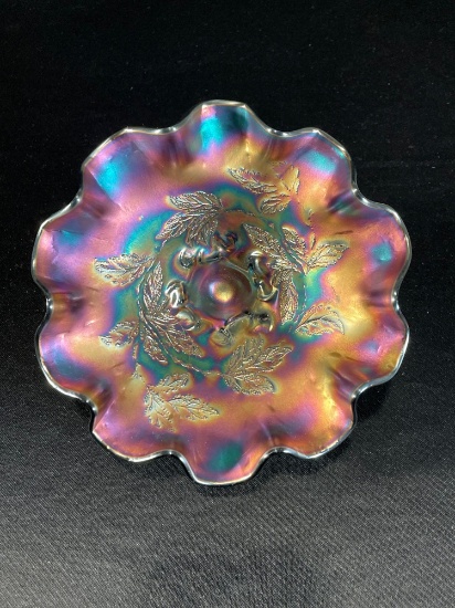 Dugan "Paneled Cherries," Amethyst/Purple Ball Foot Ruffled Edge Bowl, 8"dia
