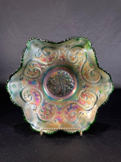 Fenton "Feathered Serpent," Green Bowl w/ Ruffled Rim, 10-1/2"dia