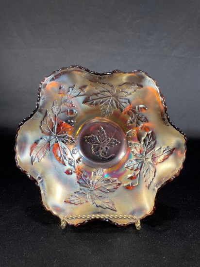 Fenton "Autumn Acorns," Marigold Ruffled Edge Bowl w/ Collar 9"Dia