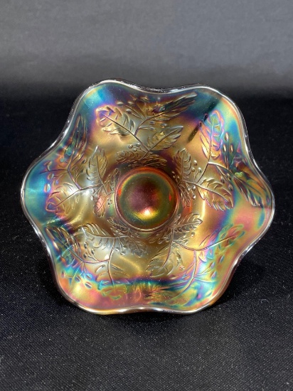 Fenton "Holly," Red Carnival Glass Hat Dish, 6"Dia