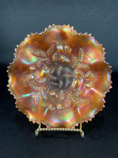 Northwood "Strawberry," Marigold Ruffled Ridged Bowl w/ Basket Weave Exterior, 9"Dia