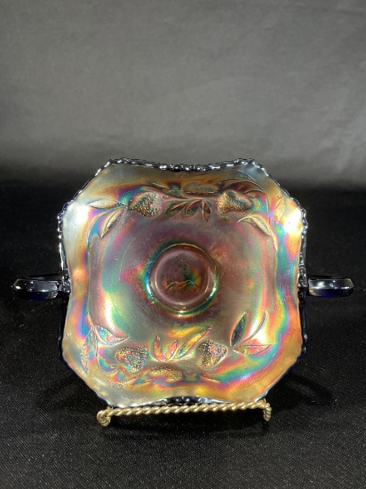 Fenton "Strawberry," Blue Handled Bon Bon Dish w/ Strawberry In Bottom 6"