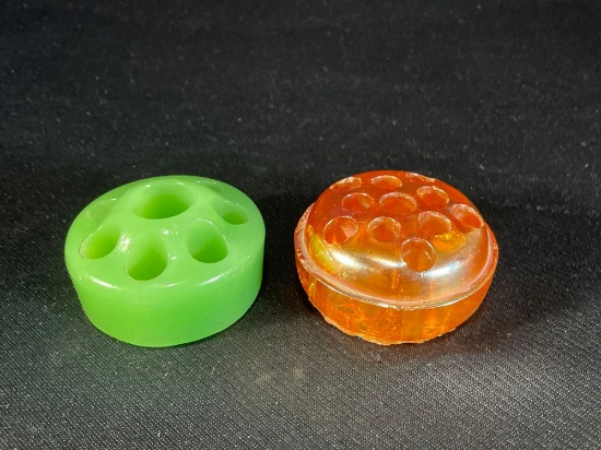 Marigold Carnival Glass Frog & Green Glass Frog