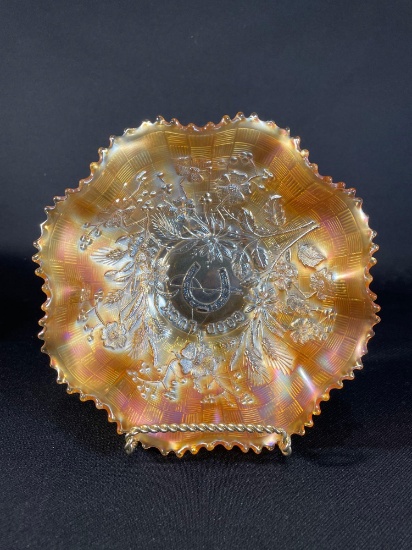 Northwood "Good Luck," Marigold Bowl w/ Basket Wove Back Pattern, 9"dia