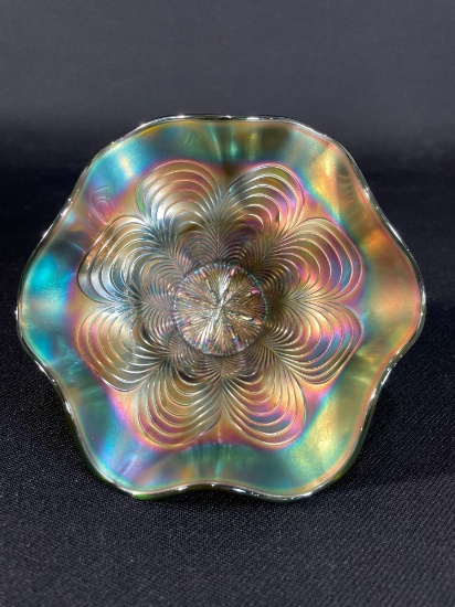 Fenton "Peacock Tail," Green Hat Bowl, 6"dia