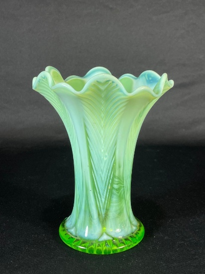 Northwood, "Feathers" Lime Green w/ Milk Glass Overlay, Vase 7"h