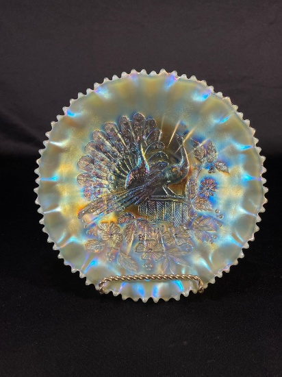 Northwood, "Peacocks On Fence," Aqua Opal w/ Marigold Overlay, Bowl 9"dia