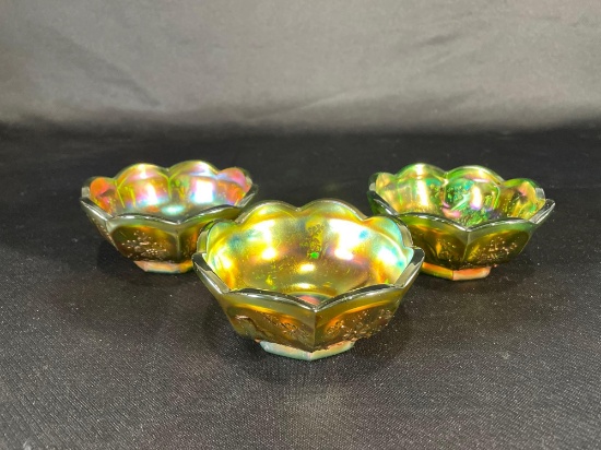 (3) Northwood, "Singing Bird," Green, Berry Bowls, 4-3/4"dia
