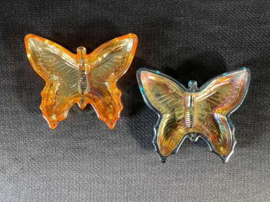 (2) Jeanette Carnival Glass Butterfly Dishes, Includes (1)Blue w/ Marigold Overlay & (1)Marigold