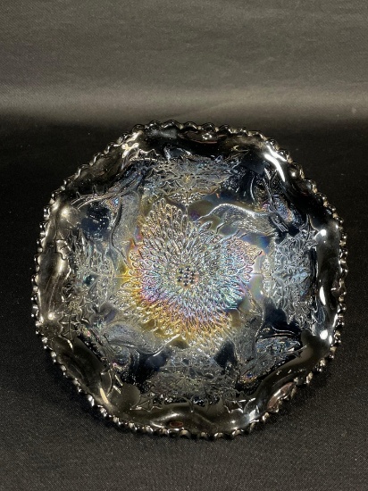 Fenton, "Stag & Holly," Black Amethyst, Bowl w/ Ball Feet, 9-5/8"dia