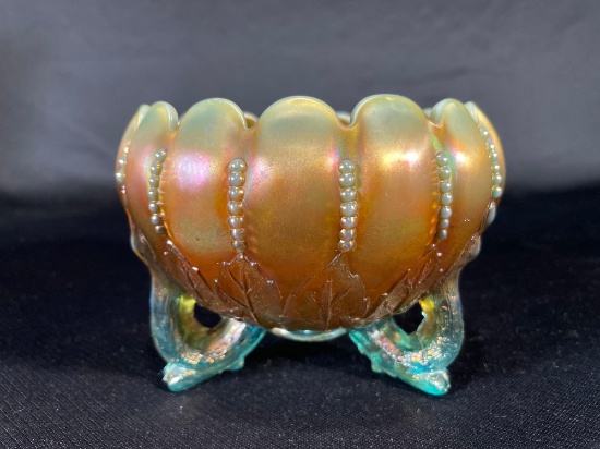 Northwood, "Leaf & Beads," Aqua Opalescent, Rose Bowl w/ Scalloped Rim & Twig Leafs, 5-1/8"dia