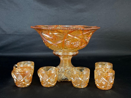 US Glass, "Whirling Star," Marigold, Punchbowl Set w/ (6) Cups