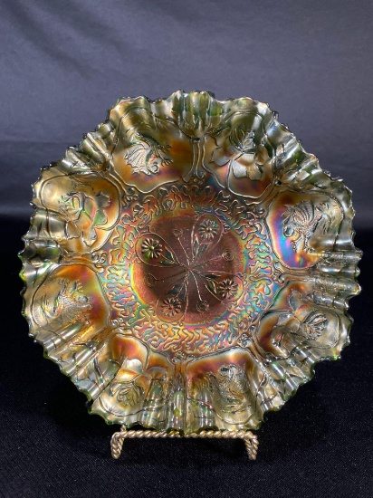 Fenton, "Dragon & Lotus," Lime Green w/ Marigold Overlay Bowl 9"Dia