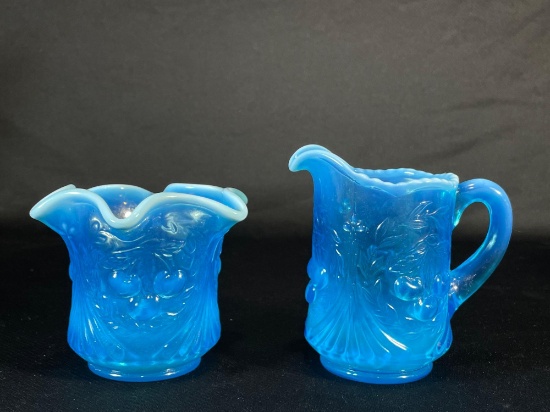 Dugan, "Wreathed Cherry," Ice Blue w/ Opalescent Top Bands, Creamer & Sugar