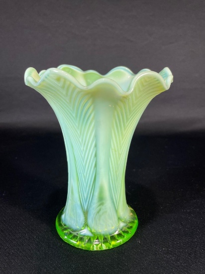 Northwood, "Feather," Green w/ Opalescent, Vase 6-7/8"