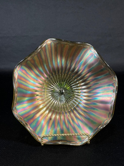 Northwood, "Smooth Rays," Green w/ Marigold Overlay, Bowl, 8-1/4", Chip On Collar Base
